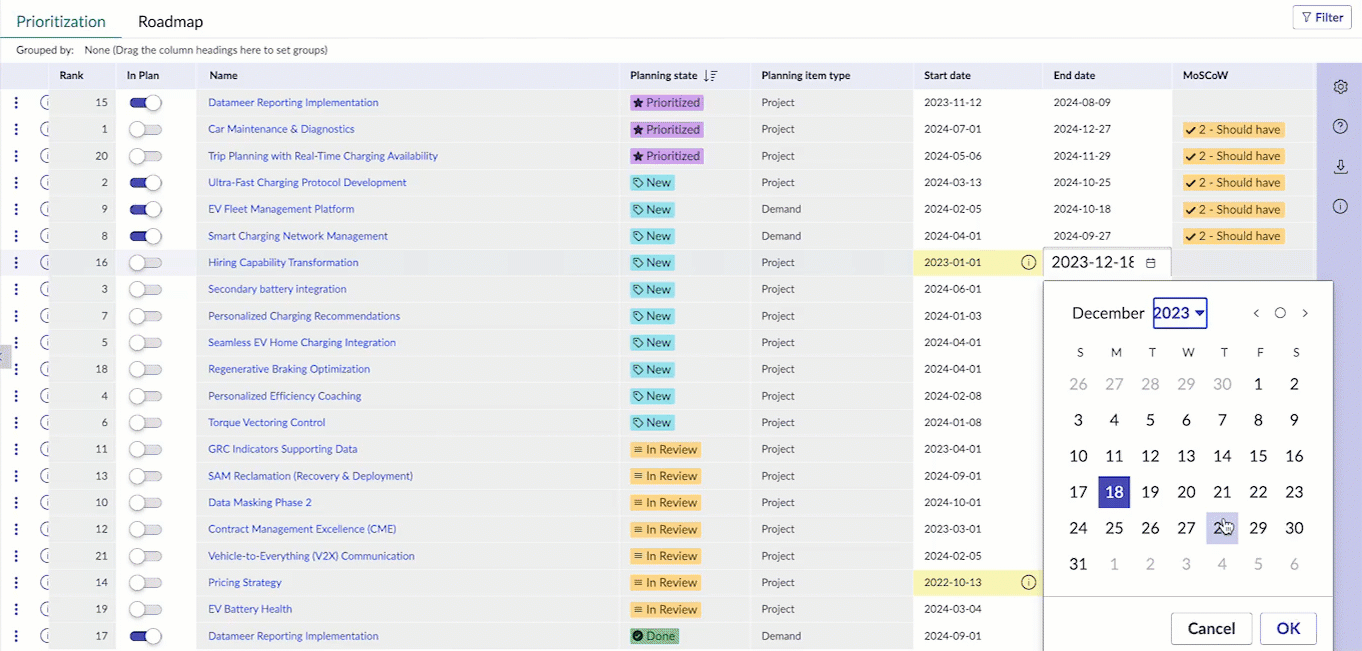 Prioritization tab: Adjust dates of the planning items and mark them in plan