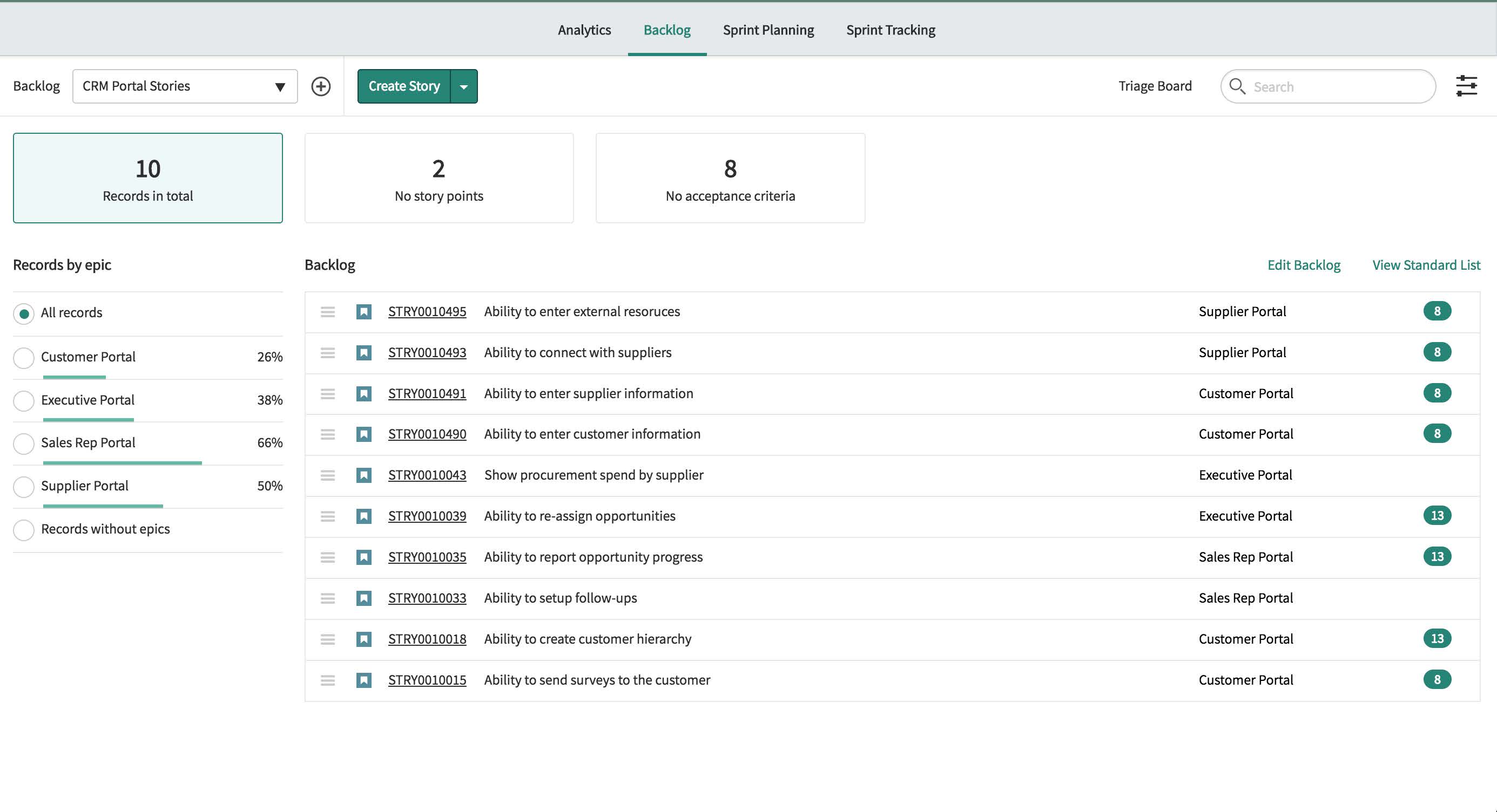 Backlog tab in Agile Development 2.0