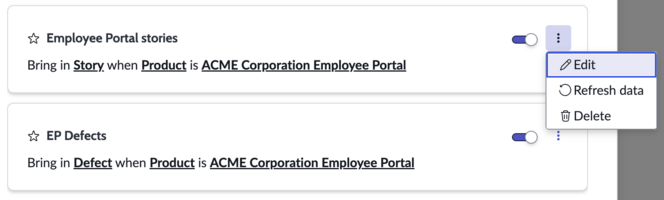 Choose to edit a connected work item type configuration for a CWM Board.
