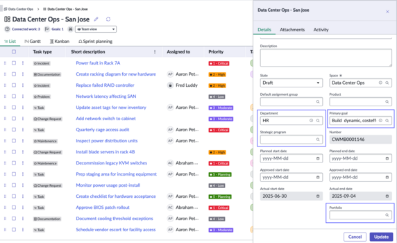 CWM Board form showing fields of Department, Primary goal, Strategic program, and Portfolio to enable associating a Board to a portfolio plan.