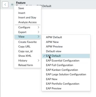 Additional options menu to select the EAP Default view to enable benefit plans.