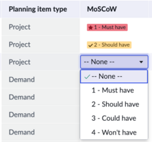MoSCoW options for planning items in Strategic Planning Prioritization tab.