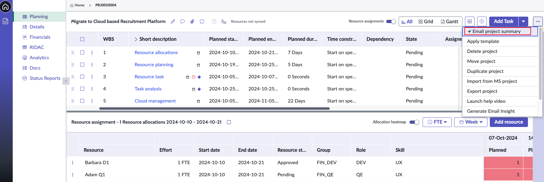 Email project summary skill in Project Workspace.