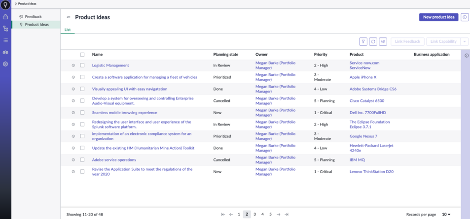 Product idea list view in Feedback application.