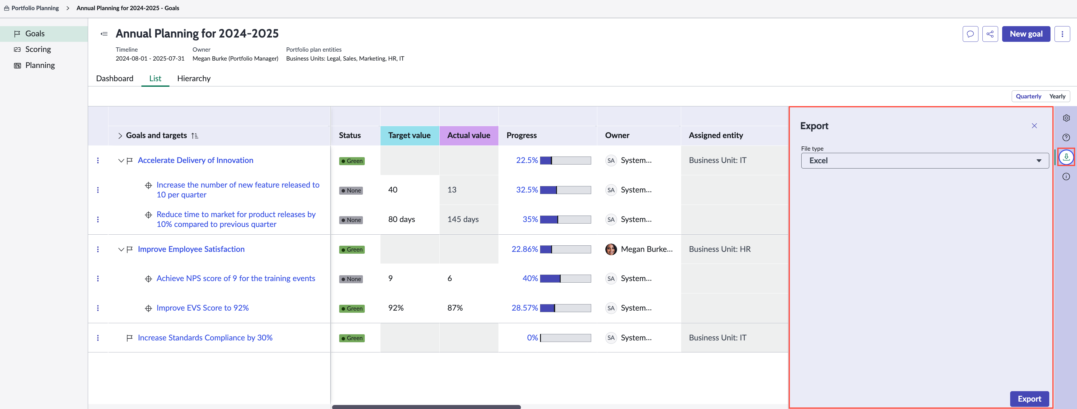 Export the goals and targets data from List view of the Goals page.