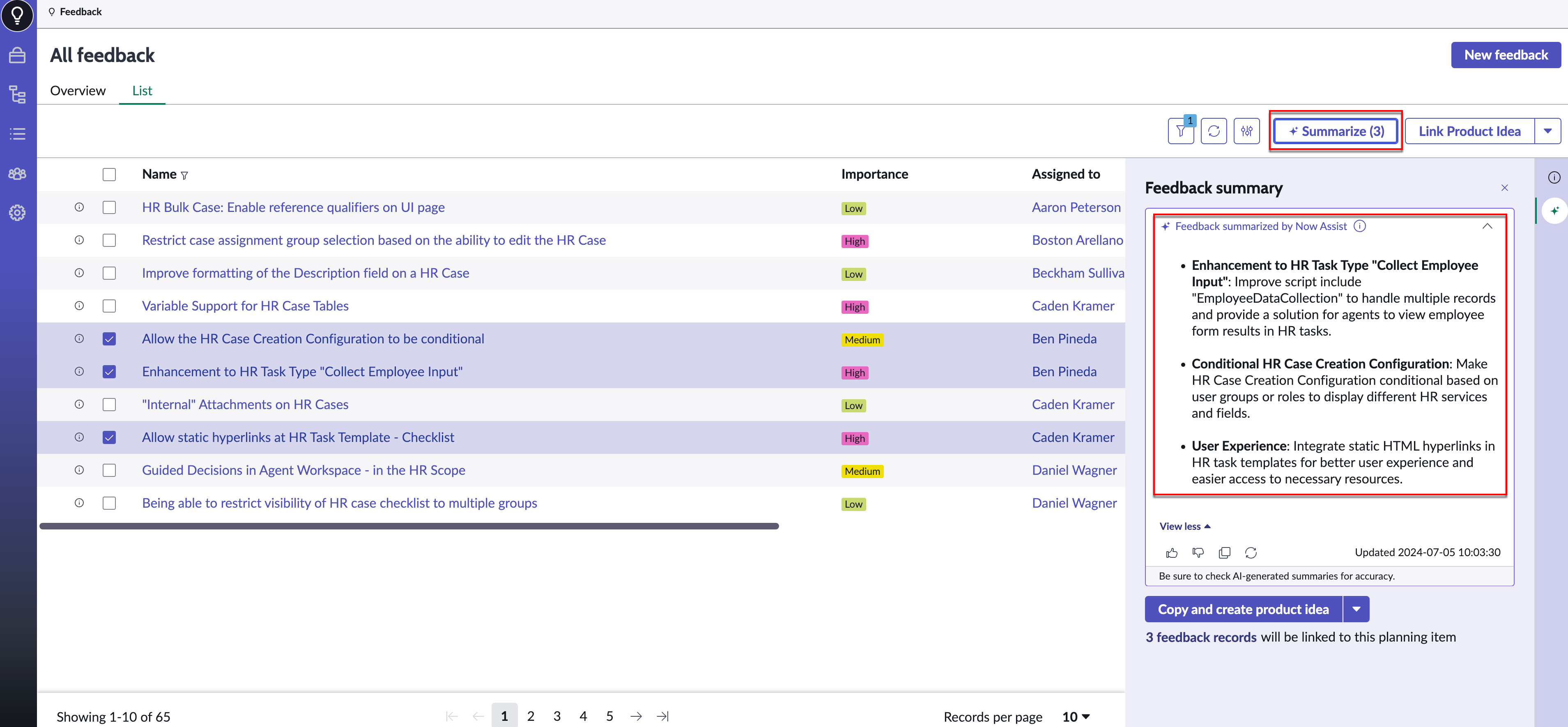 AI-generated summary for multiple feedback records using the multi feedback summarization skill.