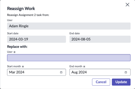 Reassign work window displaying current user assignment and options to select another resource to reassign work.
