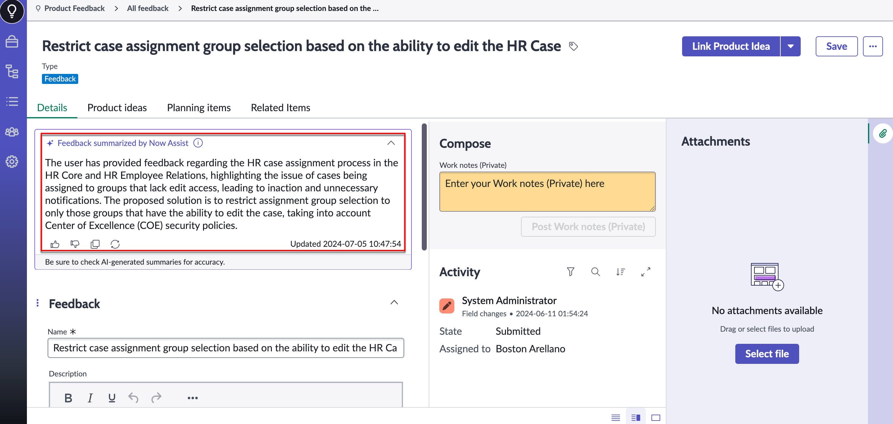 AI-generated summary for a single feedback record using feedback summarization skill.