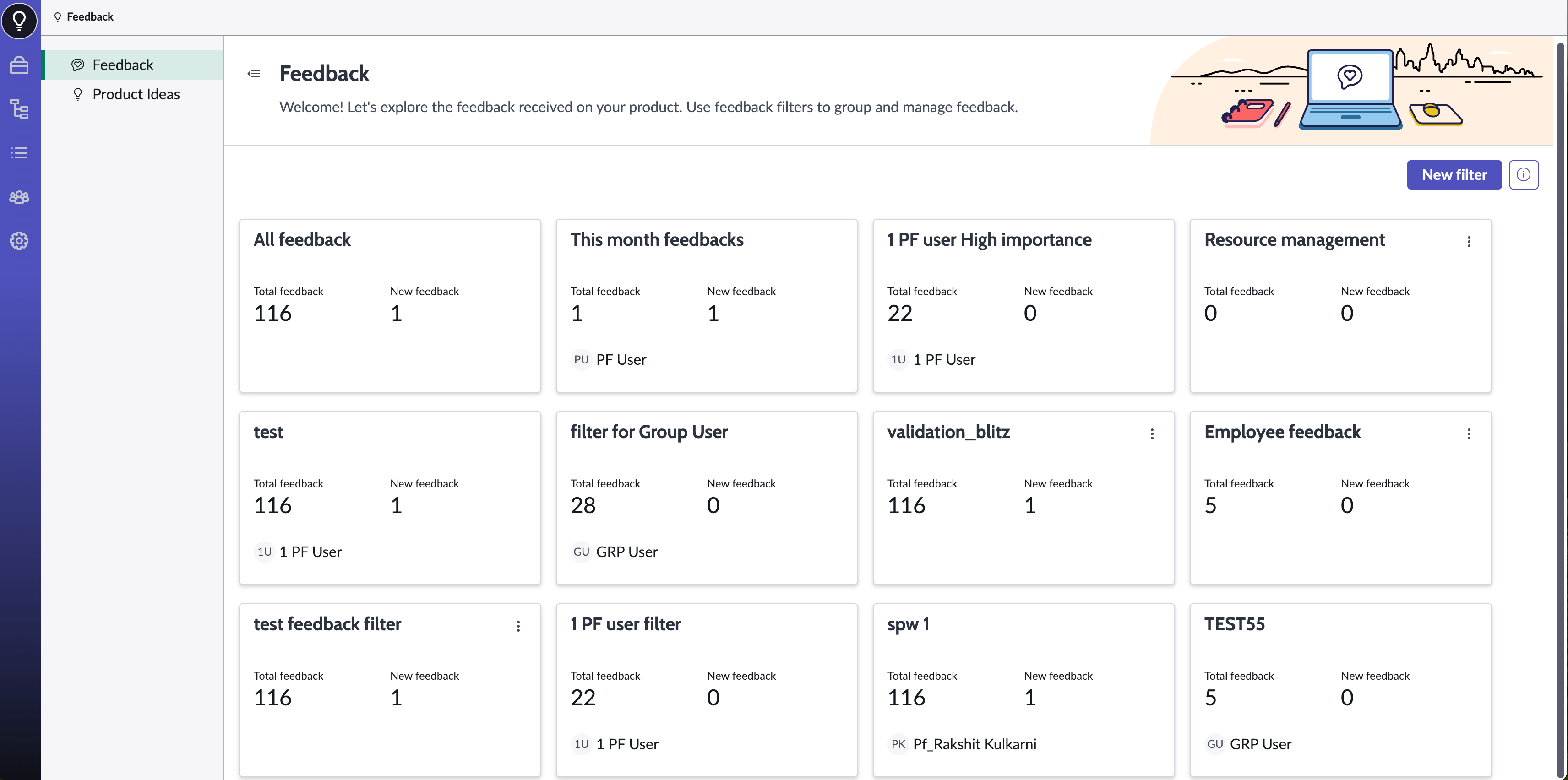 Feedback filter page in Feedback.