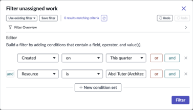 Filter condition to view the unassigned work for a specific resource.
