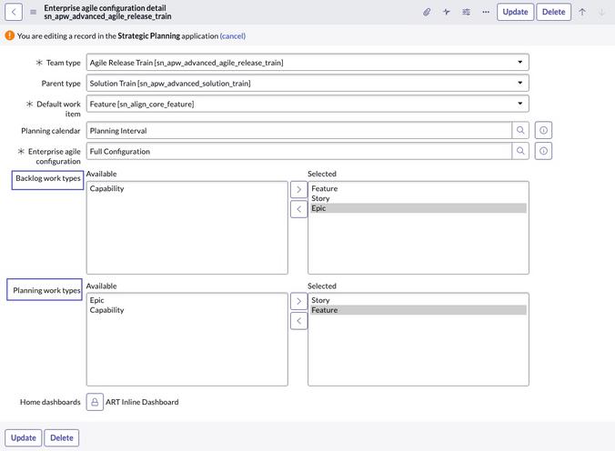 Enterprise agile configuration detail form highlighting the Backlog work types and Planning work types fields.
