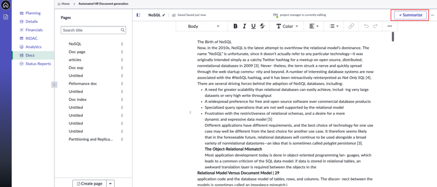 Now Assist generated summary of text in Docs.
