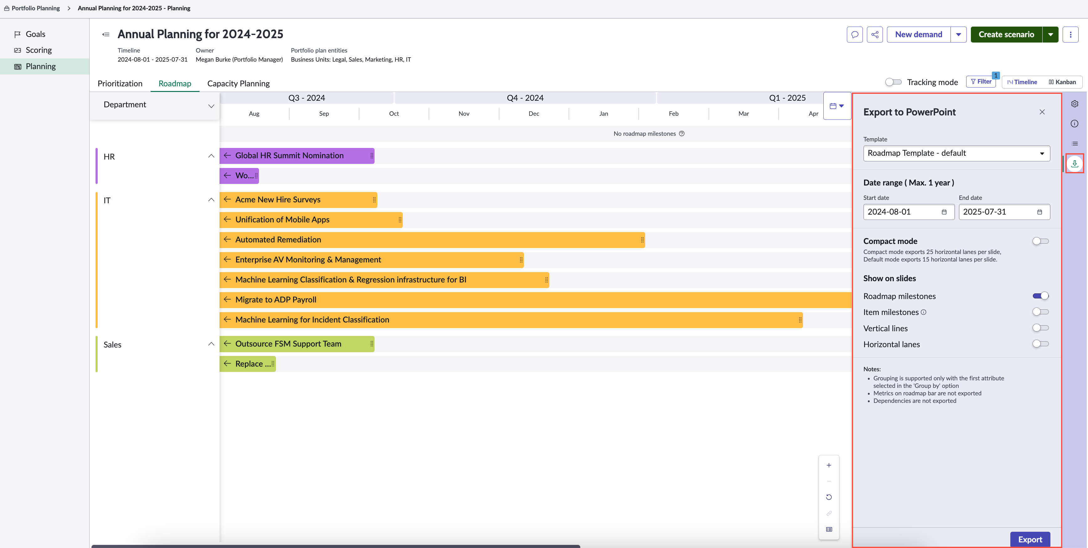 Export roadmap to a Microsoft PowerPoint.