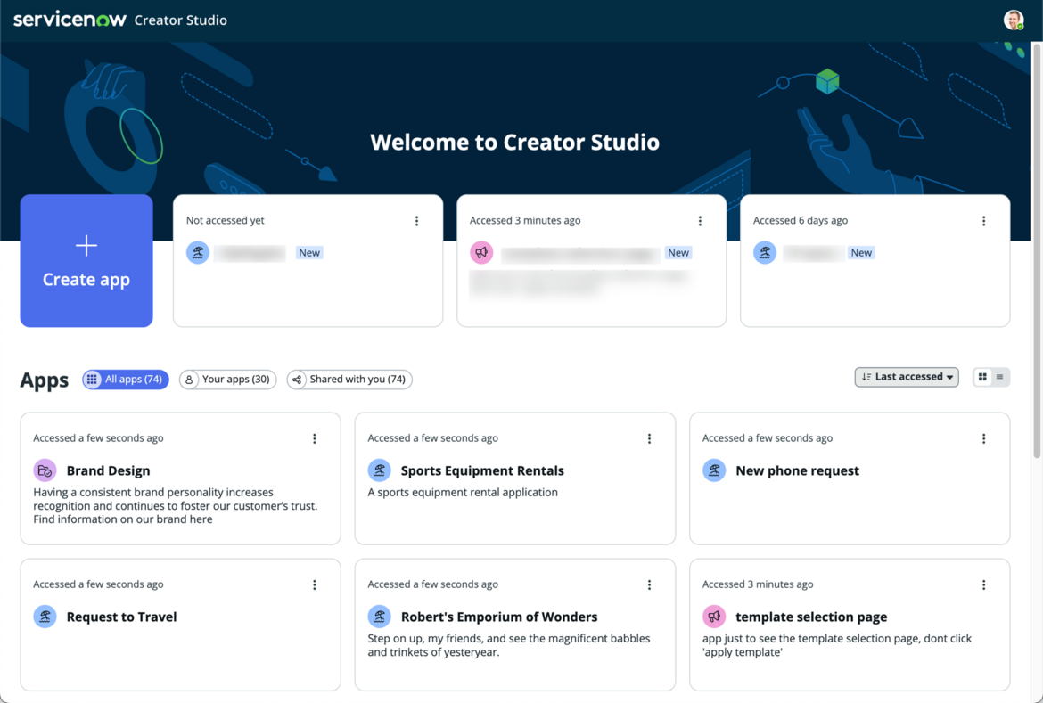 Creator Studio Homepage mit allen Apps in einer Kartenansicht