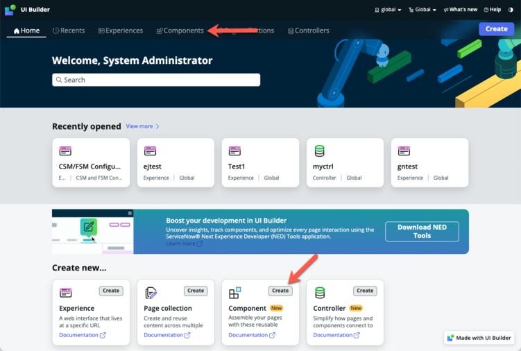 UI Builder-Homepage mit Pfeilen, die auf die Schaltflächen „Komponentenerstellung“ verweisen.