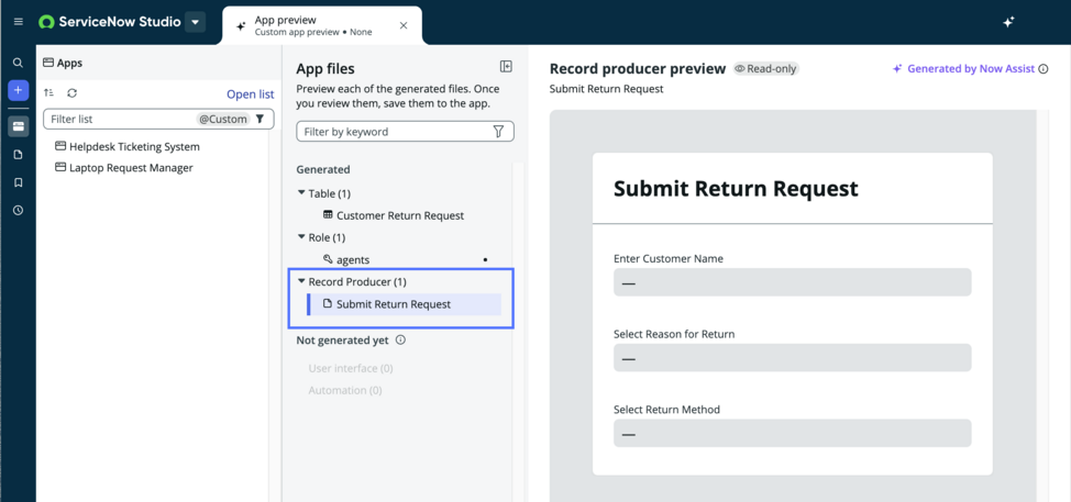 ServiceNow Studio App-Vorschauseite.