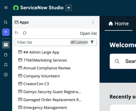 Im Navigatorbereich wird eine Liste von Anwendungen in ServiceNow Studio angezeigt