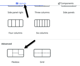 Toolbox mit angezeigter Layout-Registerkarte und schwarzem Pfeil, der auf die Flexbox-Option zeigt.