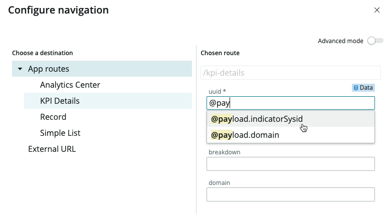 Automatische Vervollständigung wird verwendet, um die Eigenschaft @payload.indicator_sysId für das UUID-Parameterfeld auszuwählen.