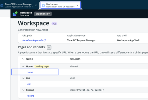 UI Builder Arbeitsbereich-Experience-Seite mit hervorgehobener Homepage.