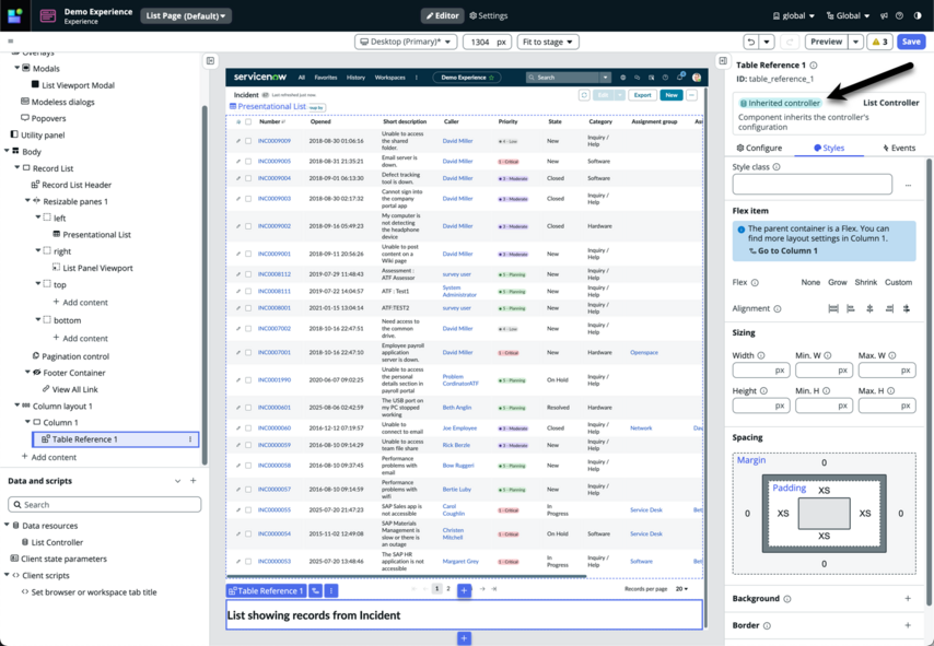 UI Builder Editor, der anwenderdefinierte Komponente anzeigt, die den Listen-Controller erbt und den Tabellennamen anzeigt.