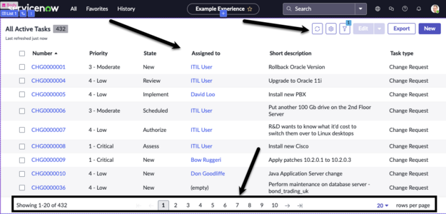 Seite mit Listenkomponente im Desktop-Formfaktor mit Symbolen, mehreren angezeigten Spalten und Paginierungsinformationen.