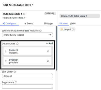 Datenressource mit mehreren Tabellen, die mit Incident- und Problemtabellen als Datenquellen angezeigt wird.