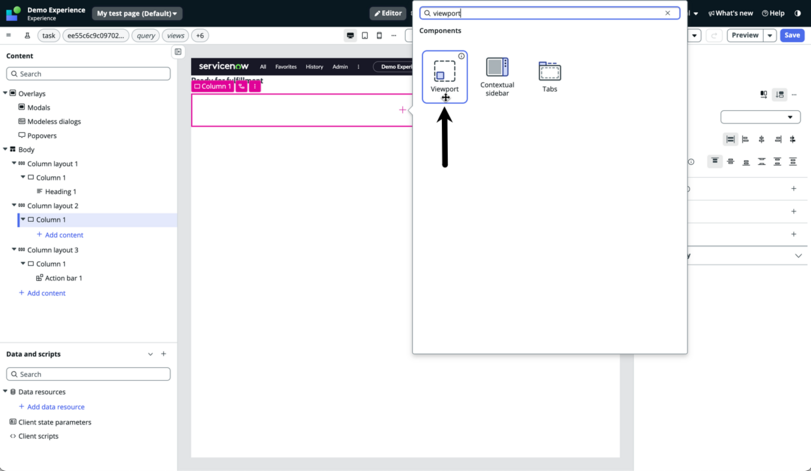 Viewport-Komponente, die in der Toolbox ausgewählt ist.