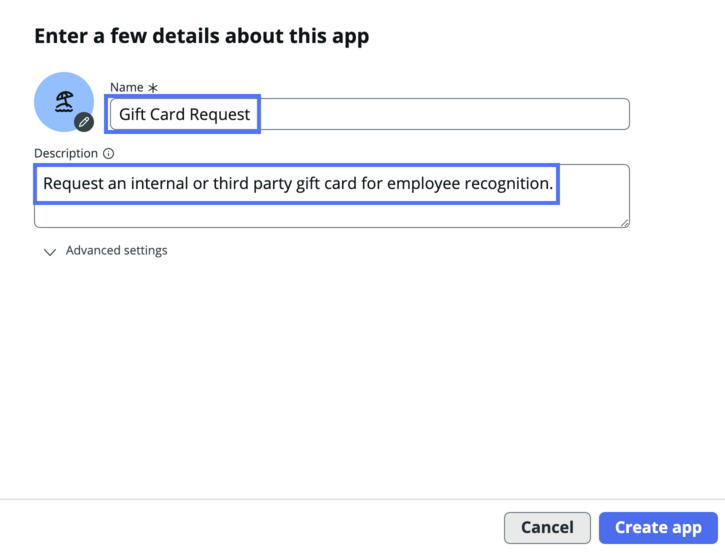 Geben Sie den App-Namen und die Beschreibung ein