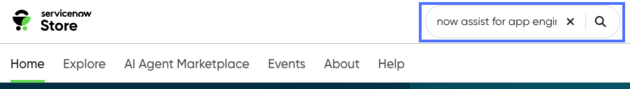ServiceNow Store-Homepage mit Now&nbsp;Assist für App&nbsp;EngineIn Suchfeld eingegeben.