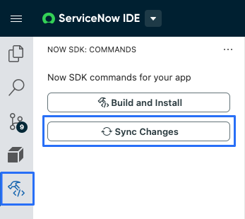 Der Synchronisierungsbefehl in der Now SDK-Ansicht.