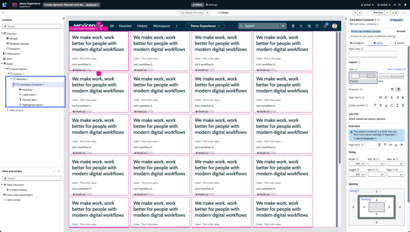 UI Builder Editor mit Callouts, die den Repeater und seine geschachtelten Komponenten in der Inhaltsstruktur hervorheben.