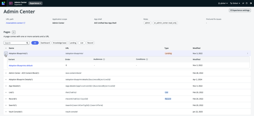 Experience-Ansicht für die Admin Center-Experience.