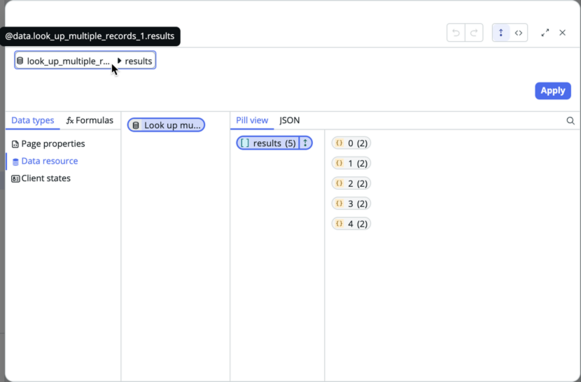 Datenbindungskonfiguration mit @Data.Look_up_multiple_Records_1.results hinzugefügt