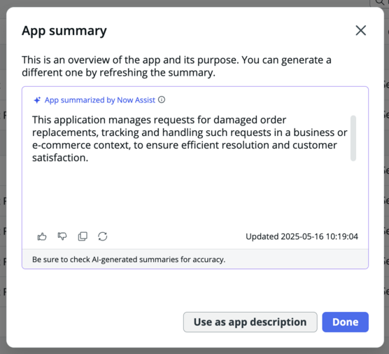 Now Assist kann Ihnen helfen, eine Zusammenfassung Ihrer App zu erstellen, die Sie für die App-Beschreibung verwenden können.
