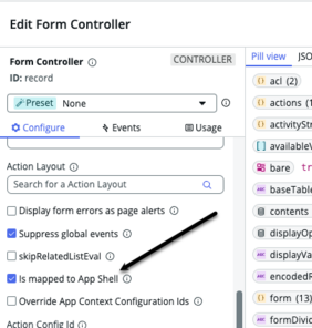 Das Popup-Fenster „Formular-Controller bearbeiten“ mit dem schwarzen Pfeil, der auf zeigt, ist der App-Shell-Option zugeordnet.