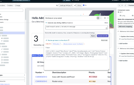 Ein Datenbindungsbereich in UI Builder, Bei dem Anwender eine Formel für eine Willkommensnachricht erstellen, eine Vorschau der Formel anzeigen und Optionen zum Akzeptieren, Bearbeiten oder Ablehnen haben.