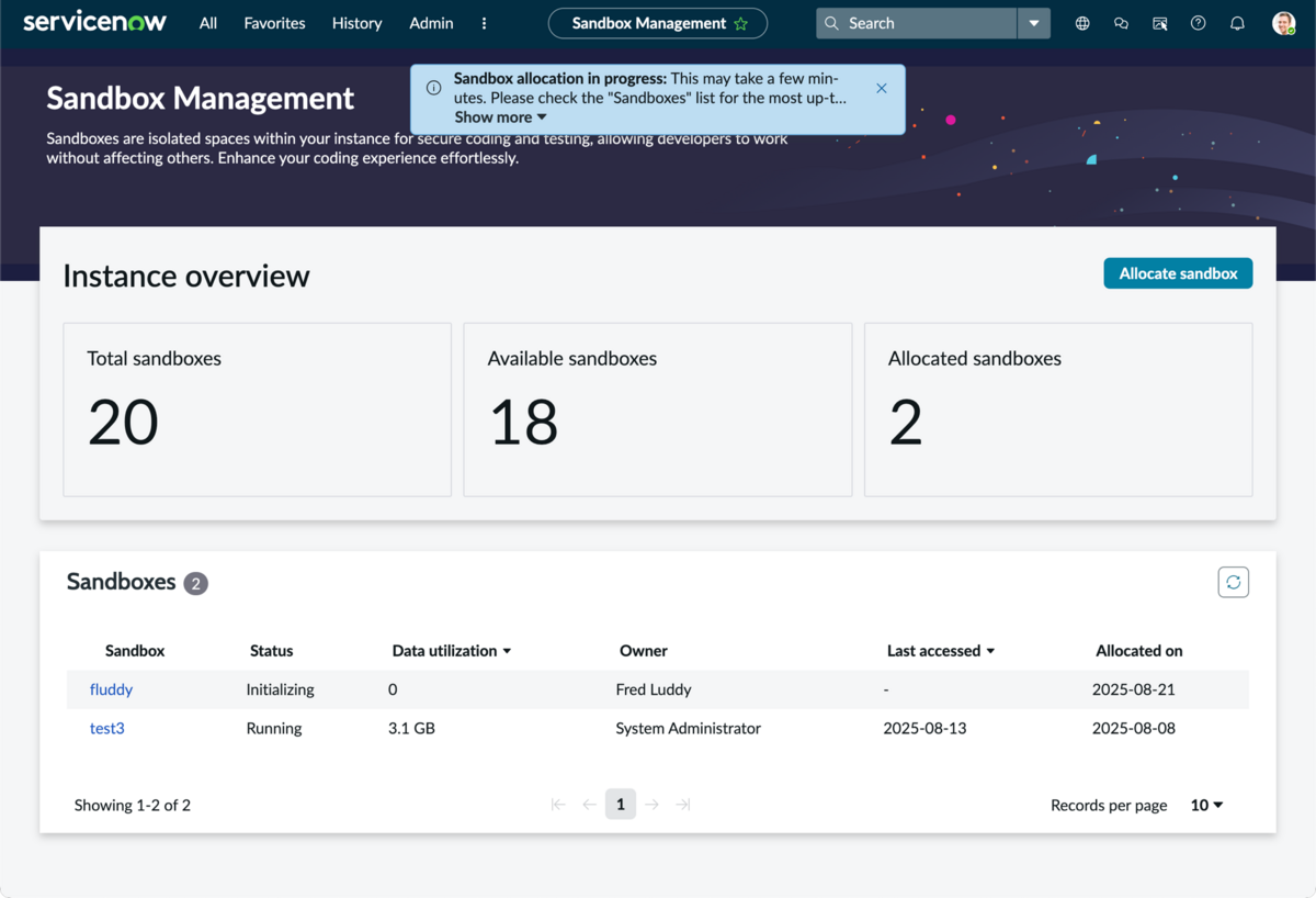 Bereitgestellte Sandbox wird initialisiert