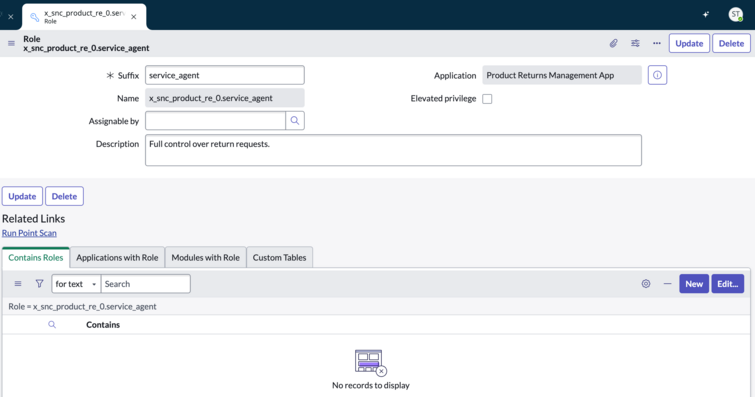 ServiceNow Studio Registerkarte mit Rollendetails.