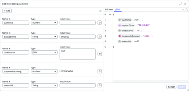 Liste der Client-Statusparameter, die der anwenderdefinierten Komponente hinzugefügt wurden.