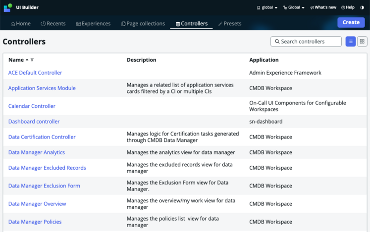 Liste der Controller auf der UI Builder-Homepage.