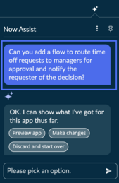 Now Assist Bereich mit angeforderten Flow-Details hervorgehoben.
