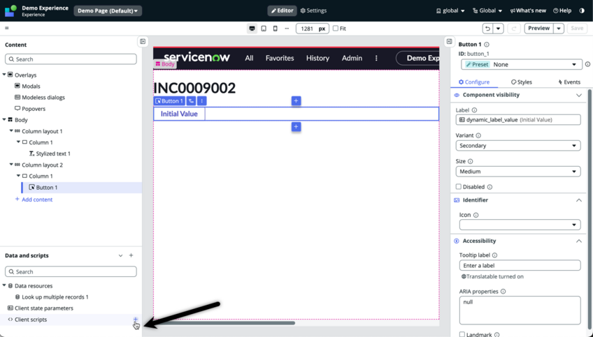 Pfeil, der auf das +-Symbol neben Client-Skripts im UI Builder-Datendrawer zeigt.