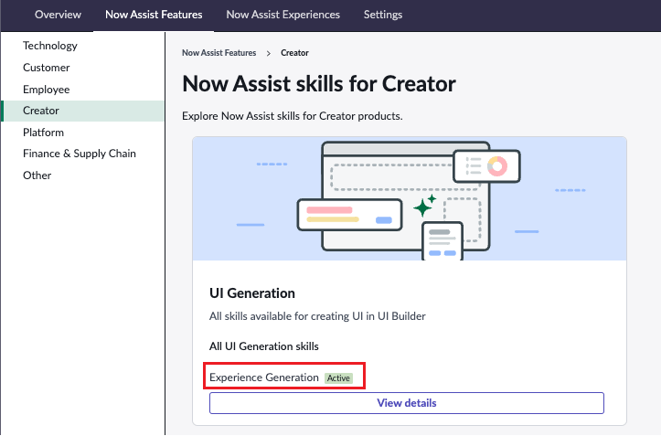 UI-Generierungskarte, die die Kompetenz „Experience-Generierung“ in Now Assist-Administrator anzeigt.