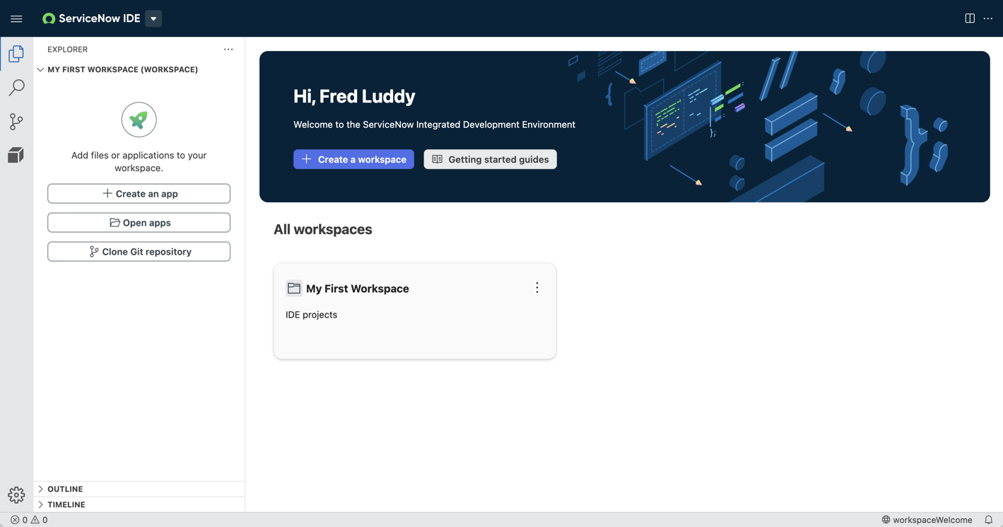 Die ServiceNow-IDE-Homepage mit den Arbeitsbereichen des Anwenders.