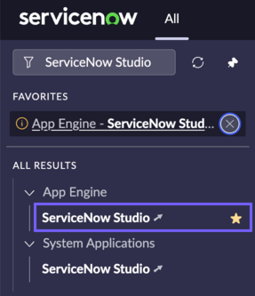 Suchen und wählen Sie ServiceNow Studio im Menü „alle“ aus.