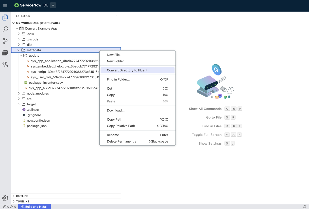 Menüoption zum Konvertieren des Metadatenverzeichnisses ServiceNow FluentCode.