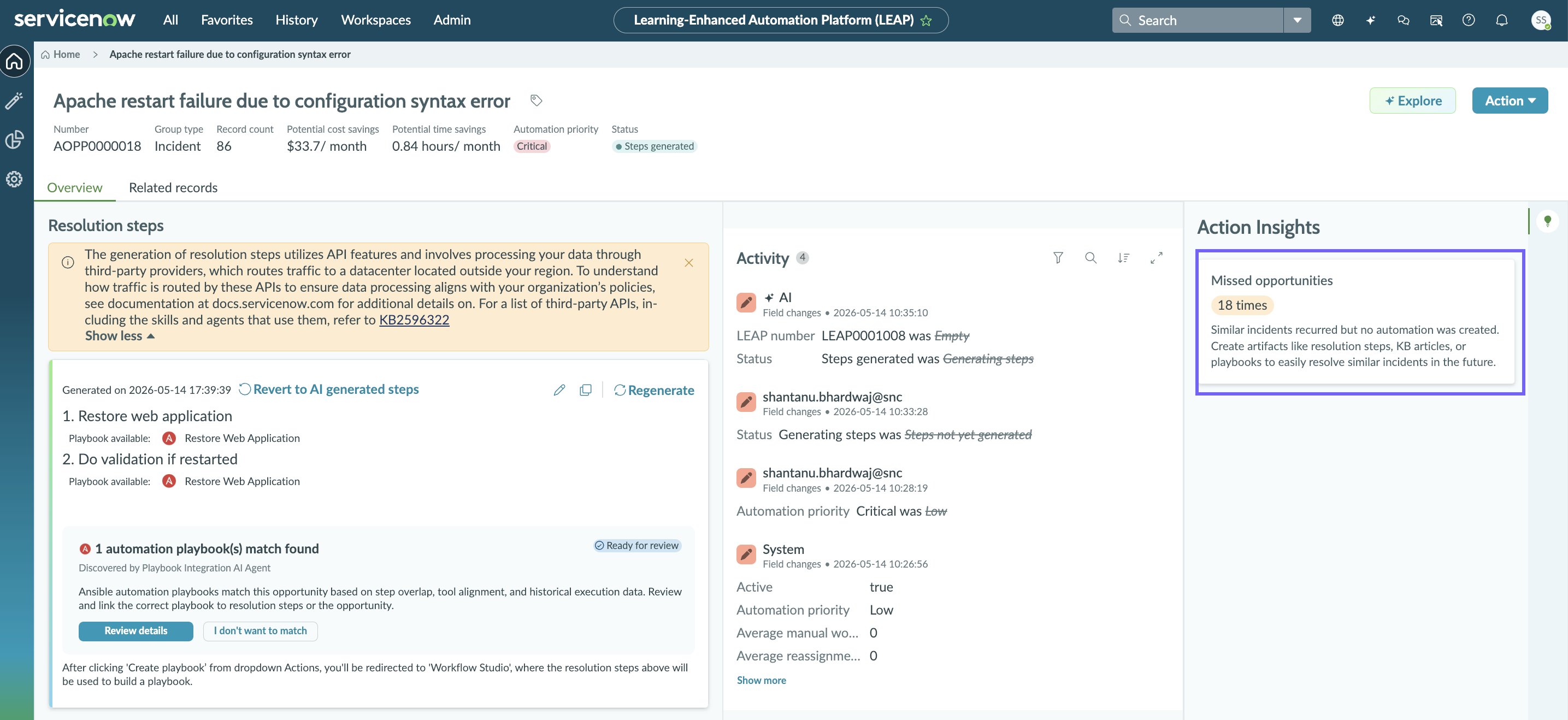 Missed opportunity in automation opportunity details page
