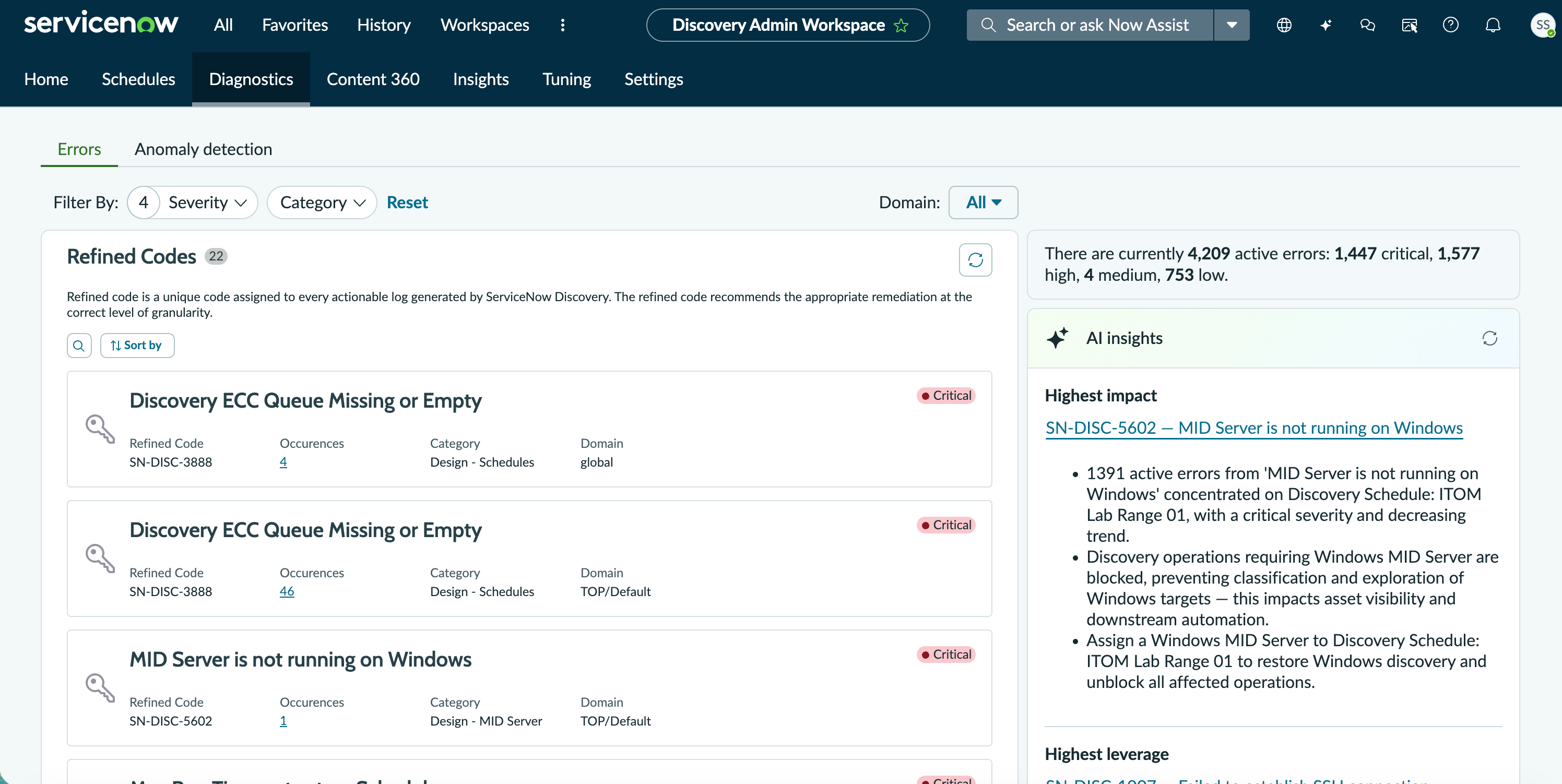 Discovery Admin Workspace Diagnostics page