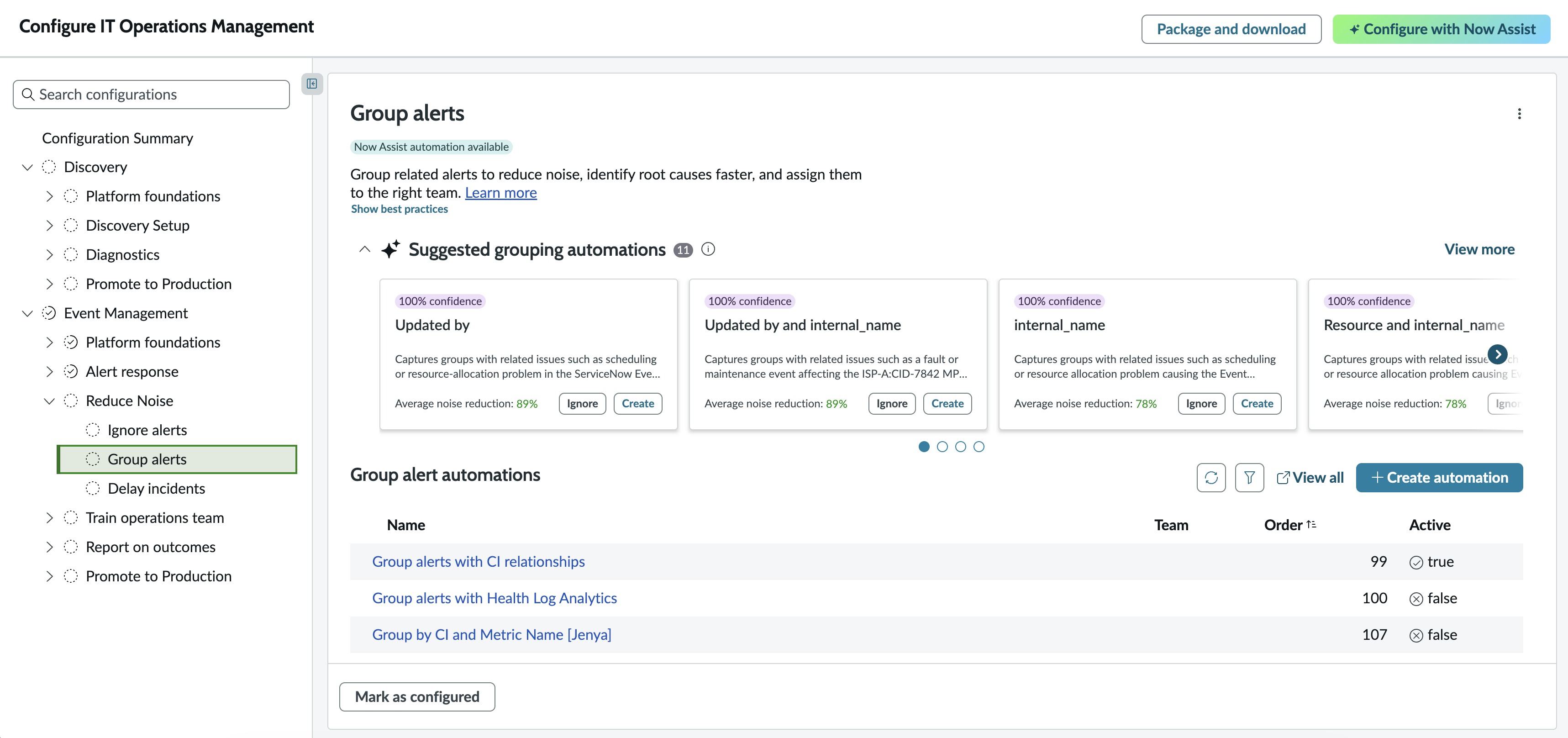 Alerts grouping page where you can create a grouping automation.